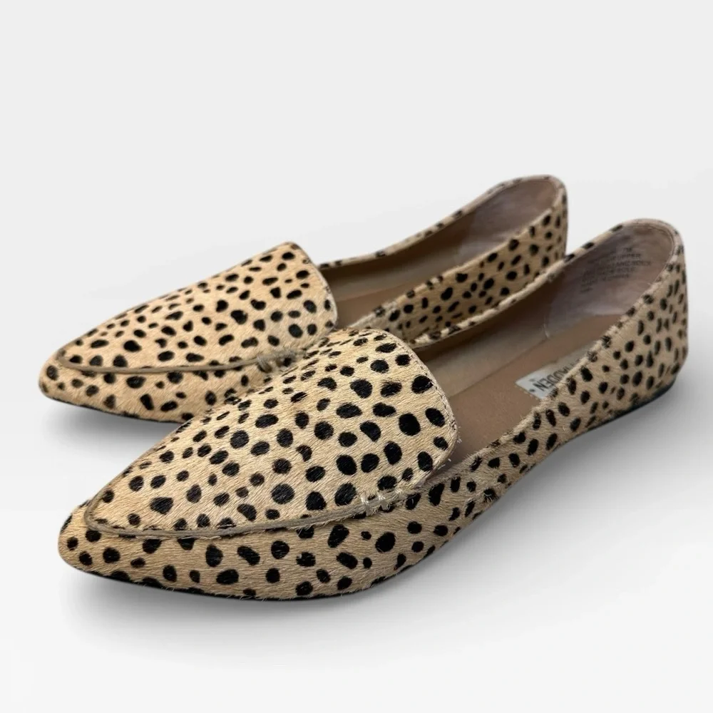 Steve Madden Feather Leopard Print Cow Hair  Black and Tan Womens Loafers Size 7